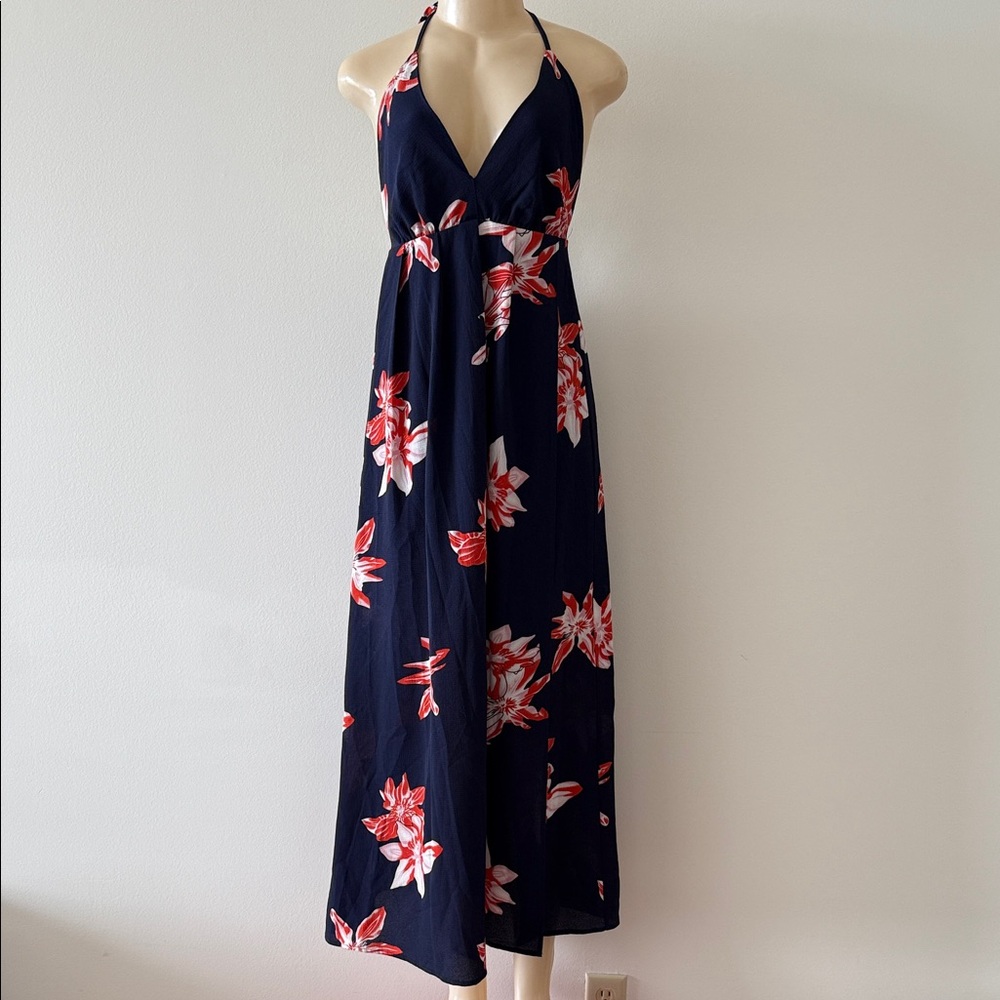Simplee Floral Halter Maxi Dress Navy Dark Orange Flowers Size XS Feminine Flowy